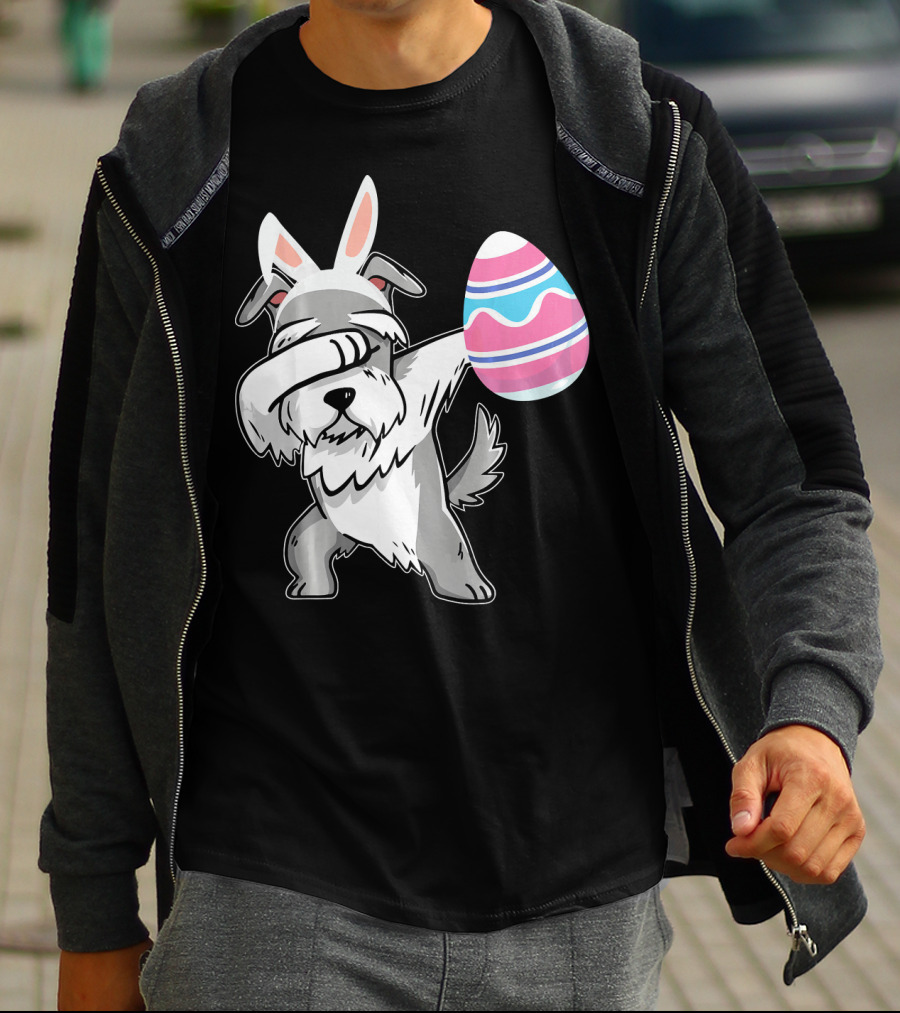 Easter Bunny Ears Schnauzer Dog Dabbing With Colorful Egg T-Shirt