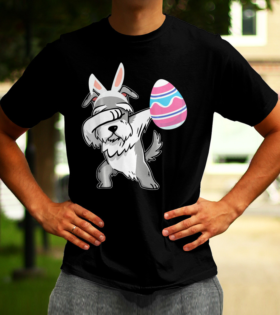 Easter Bunny Ears Schnauzer Dog Dabbing With Colorful Egg T-Shirt