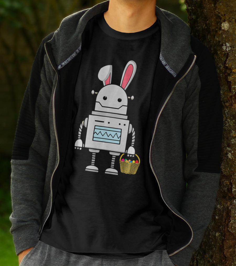Cute Easter Robot Bunny With Basket Of Colorful Eggs T-Shirt