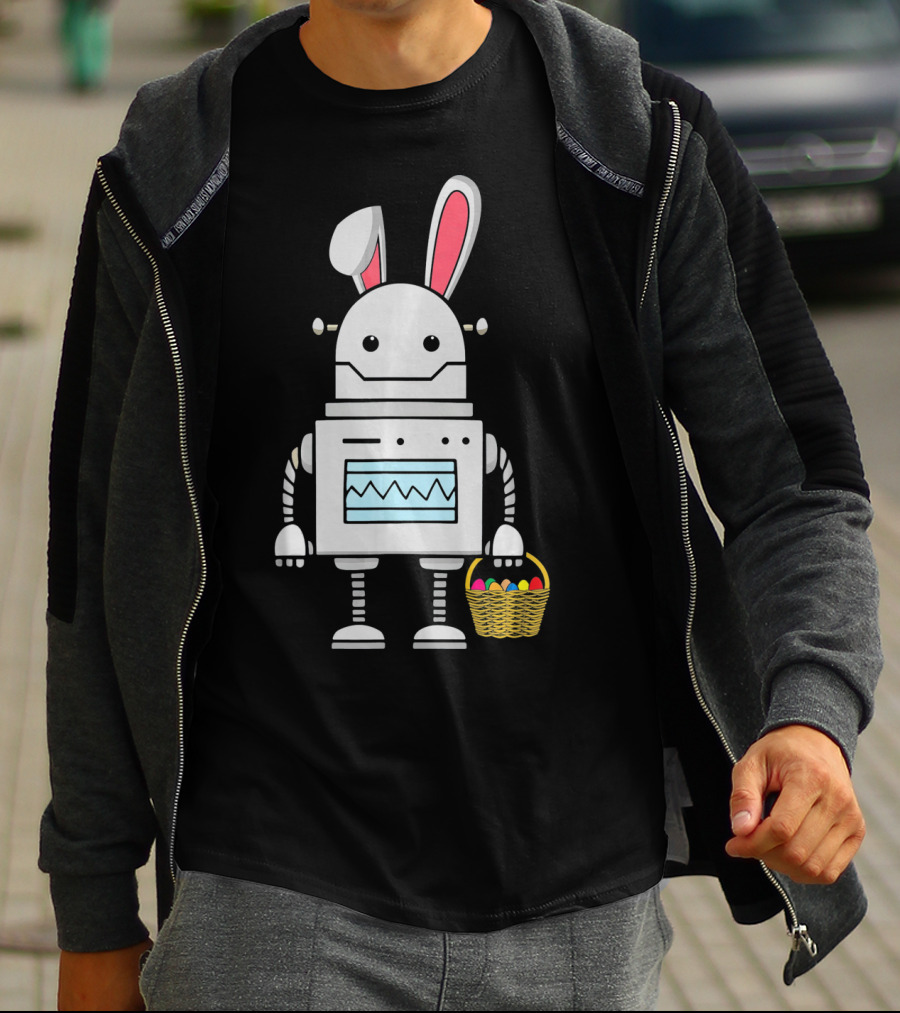 Cute Easter Robot Bunny With Basket Of Colorful Eggs T-Shirt