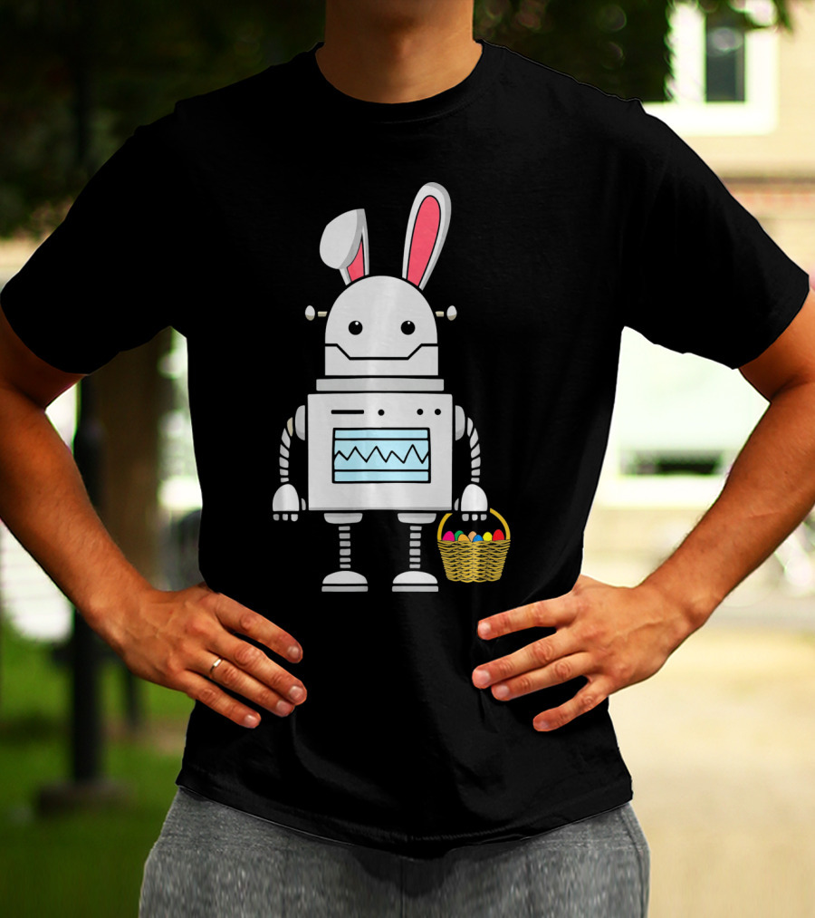 Cute Easter Robot Bunny With Basket Of Colorful Eggs T-Shirt