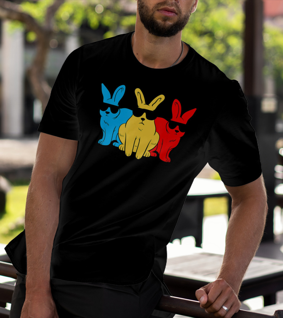 Hip Trio Bunnies Shades Funny Hipster Blue Yellow Red T-Shirt