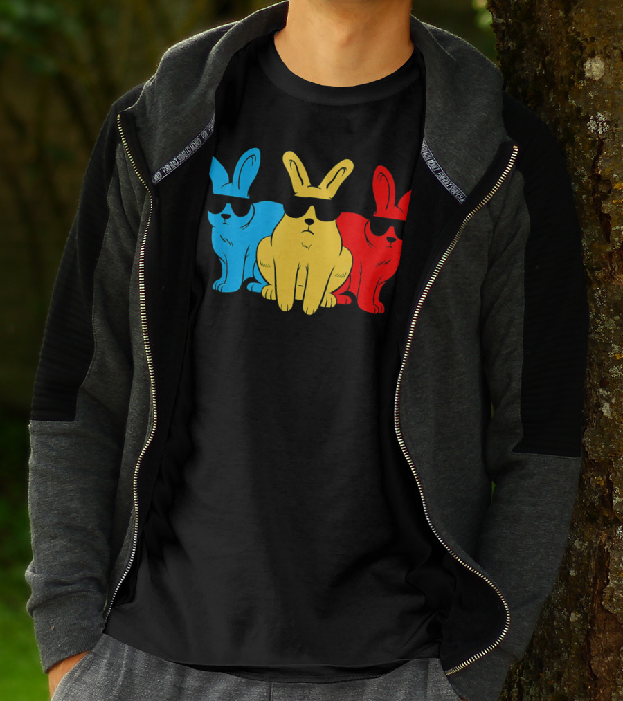 Hip Trio Bunnies Shades Funny Hipster Blue Yellow Red T-Shirt