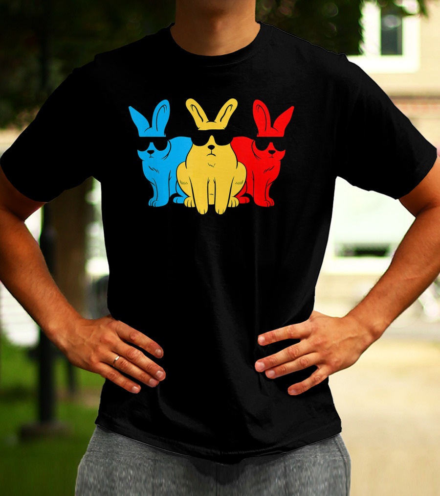 Hip Trio Bunnies Shades Funny Hipster Blue Yellow Red T-Shirt