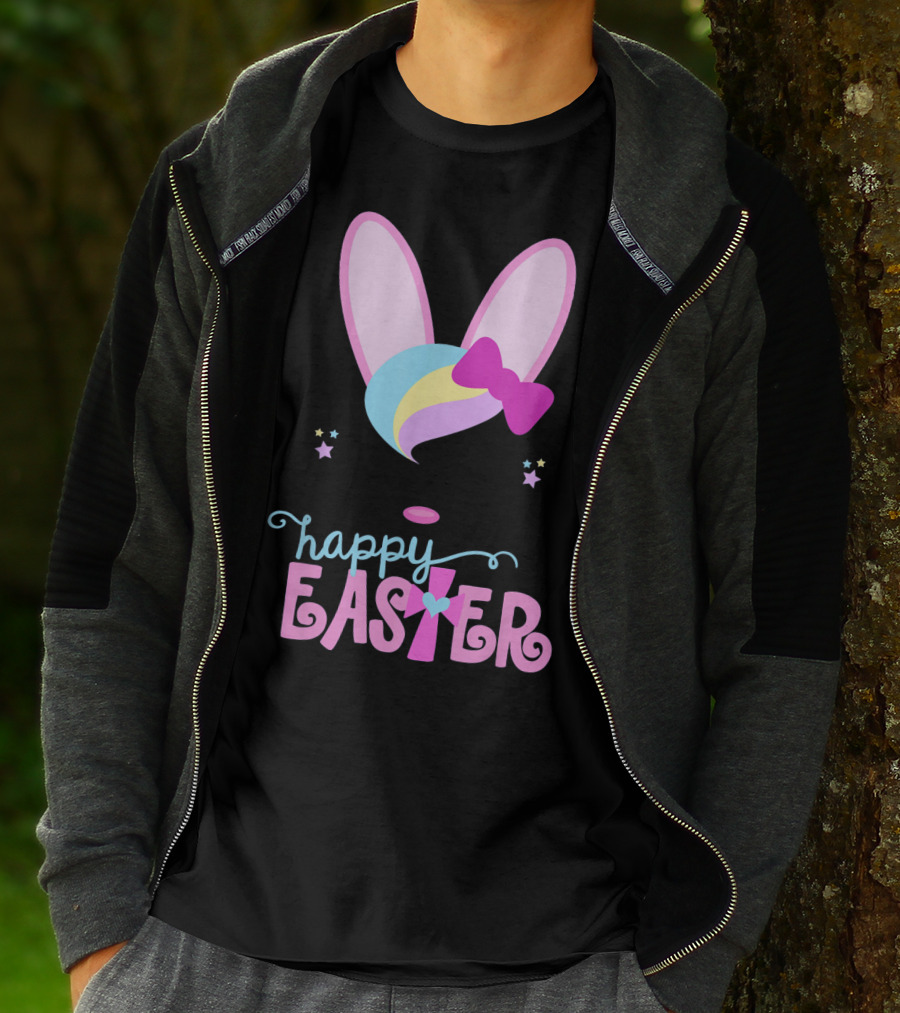 HAPPY EASTER Bunny Face Girls Bow Stars Colorful Ears T-Shirt