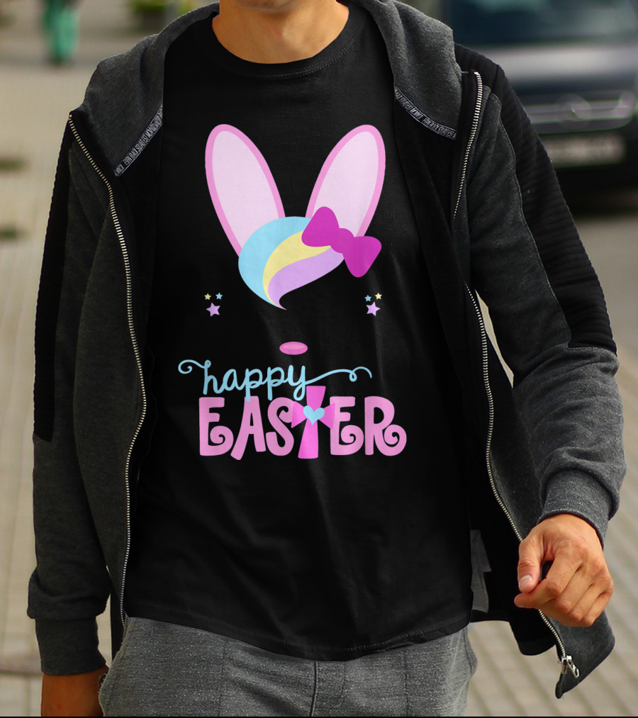 HAPPY EASTER Bunny Face Girls Bow Stars Colorful Ears T-Shirt