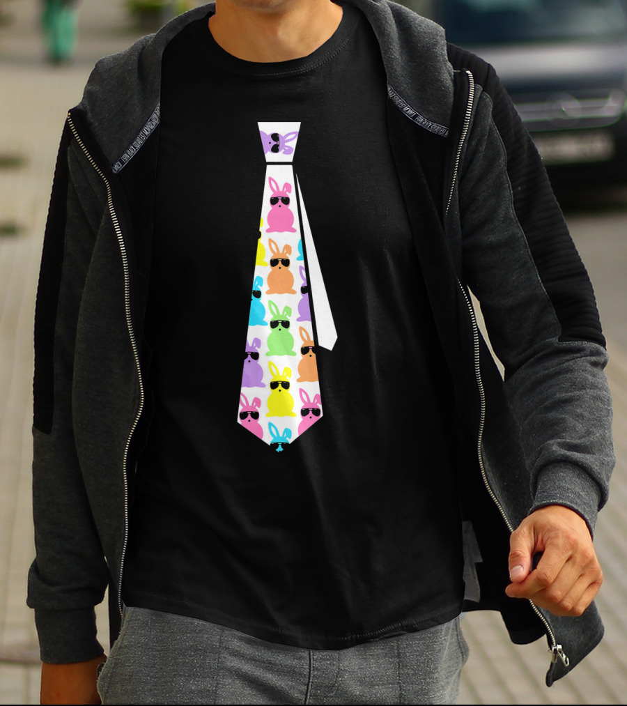 Funny Colorful Easter Bunny Necktie With Sunglasses T-Shirt