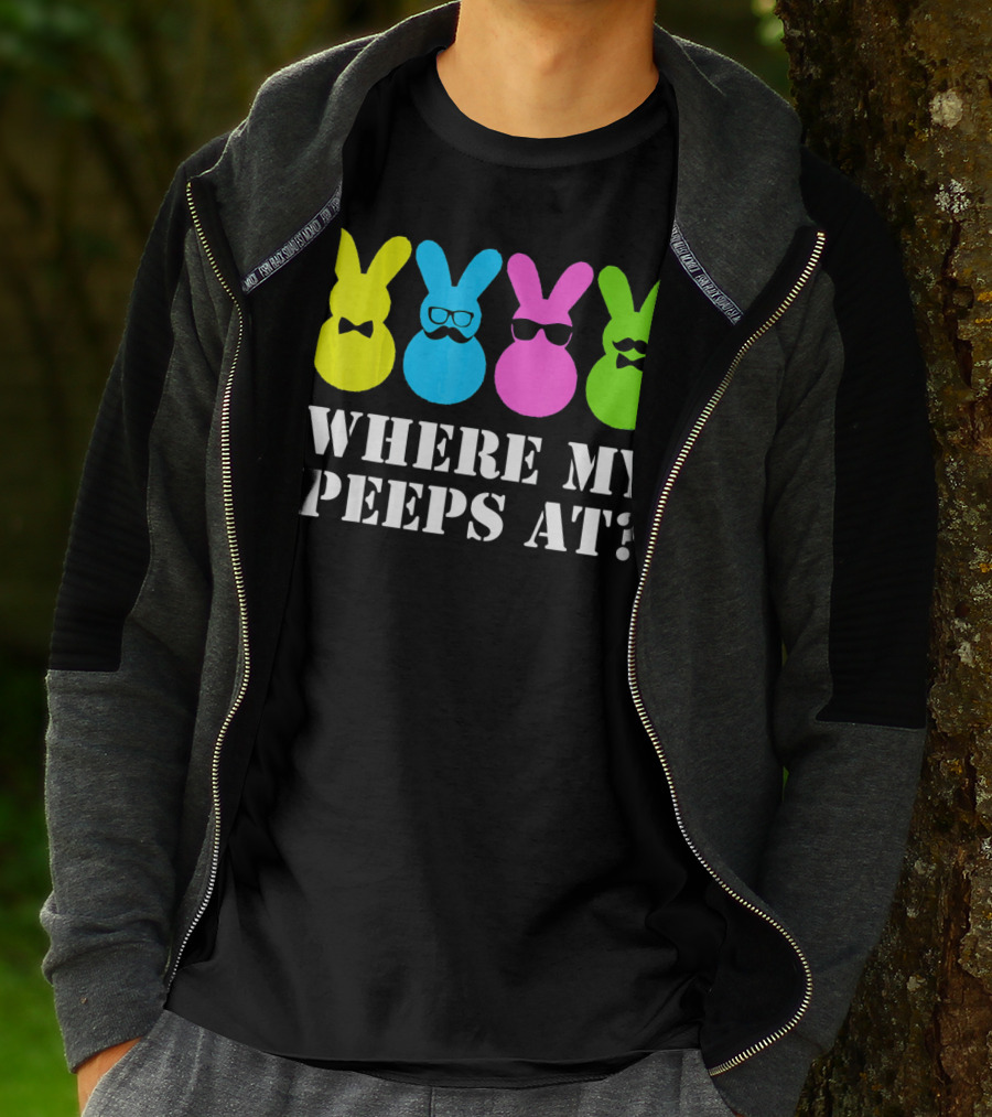 Where My Peeps At Easter Bunny Colorful Bowtie Glasses Moustache Spectacles T-Shirt
