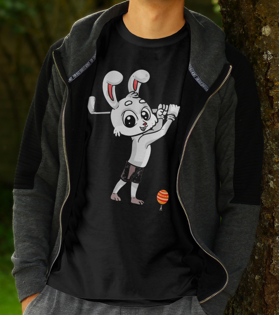 Funny Easter Bunny Playing Golf With Striped Egg T-Shirt