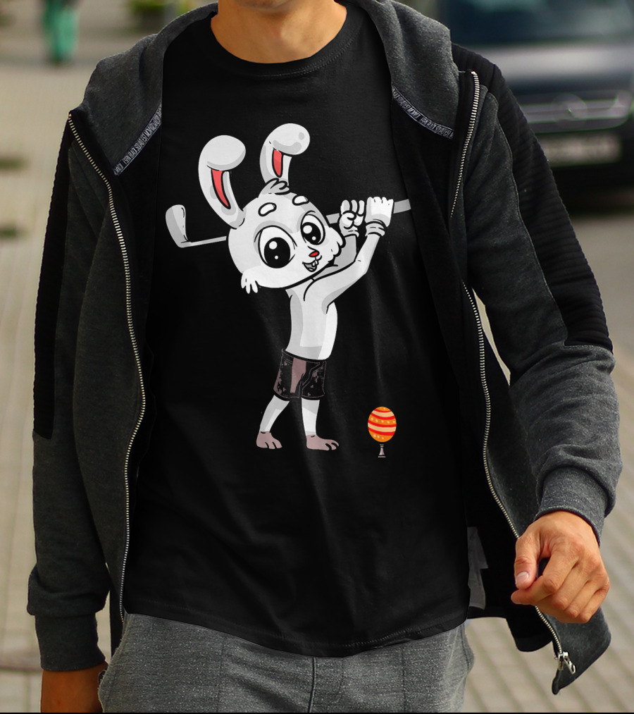 Funny Easter Bunny Playing Golf With Striped Egg T-Shirt