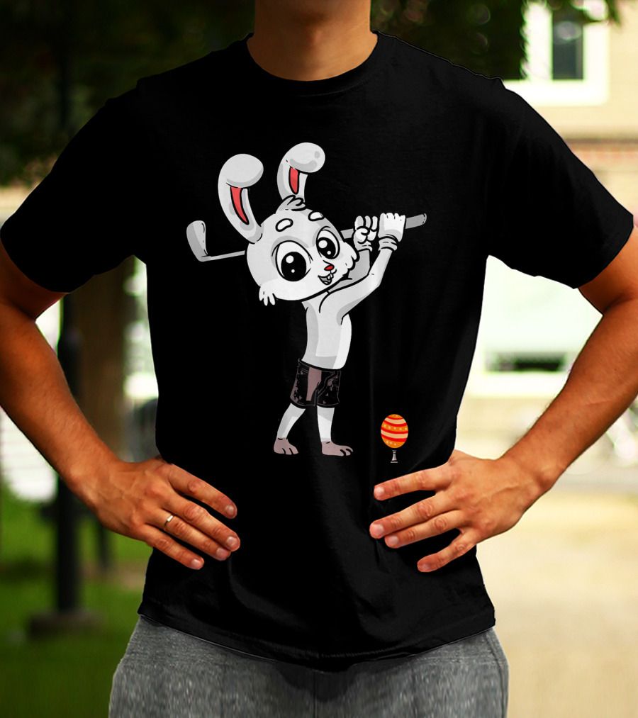 Funny Easter Bunny Playing Golf With Striped Egg T-Shirt