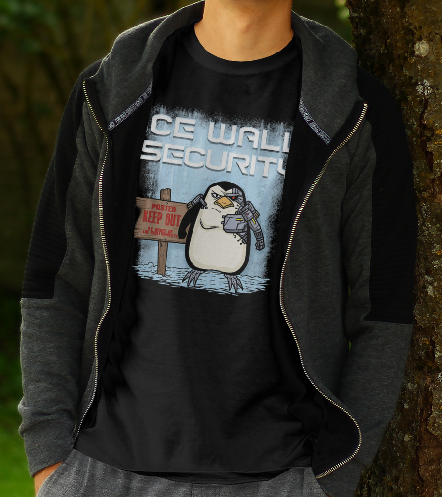 Cyborg Penguin Ice Wall Security Posted Keep Out Sign T-Shirt