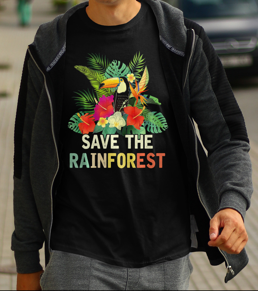 Save The Rainforest Colorful Toucan And Tropical Flowers T-Shirt