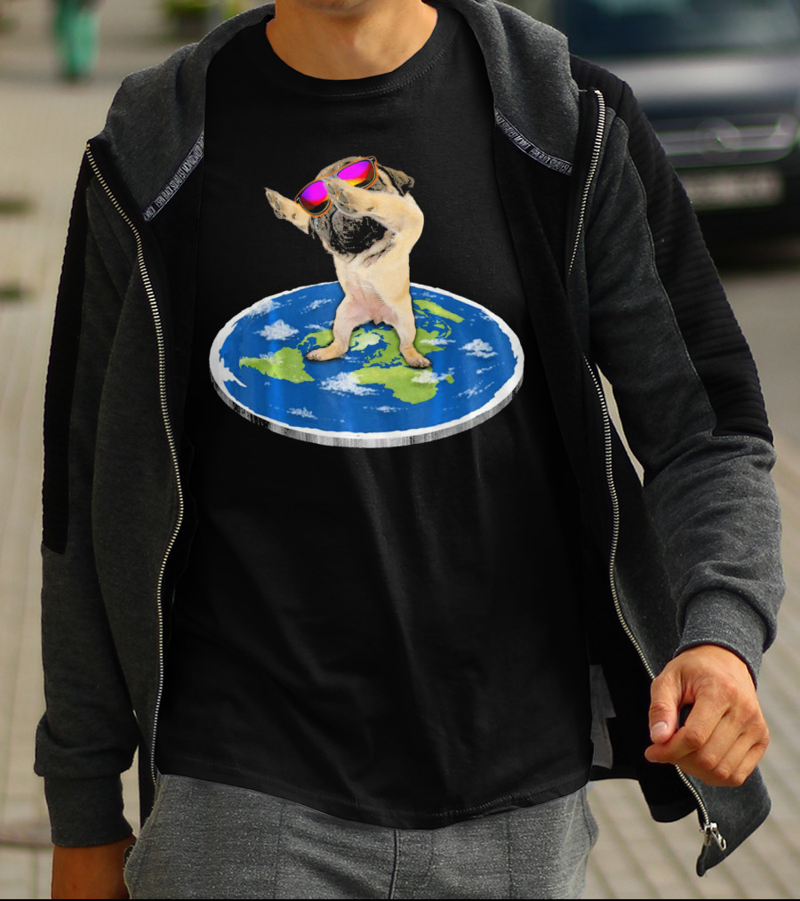 Flat Earth Pug Dabbing With Sunglasses On World Map T-Shirt