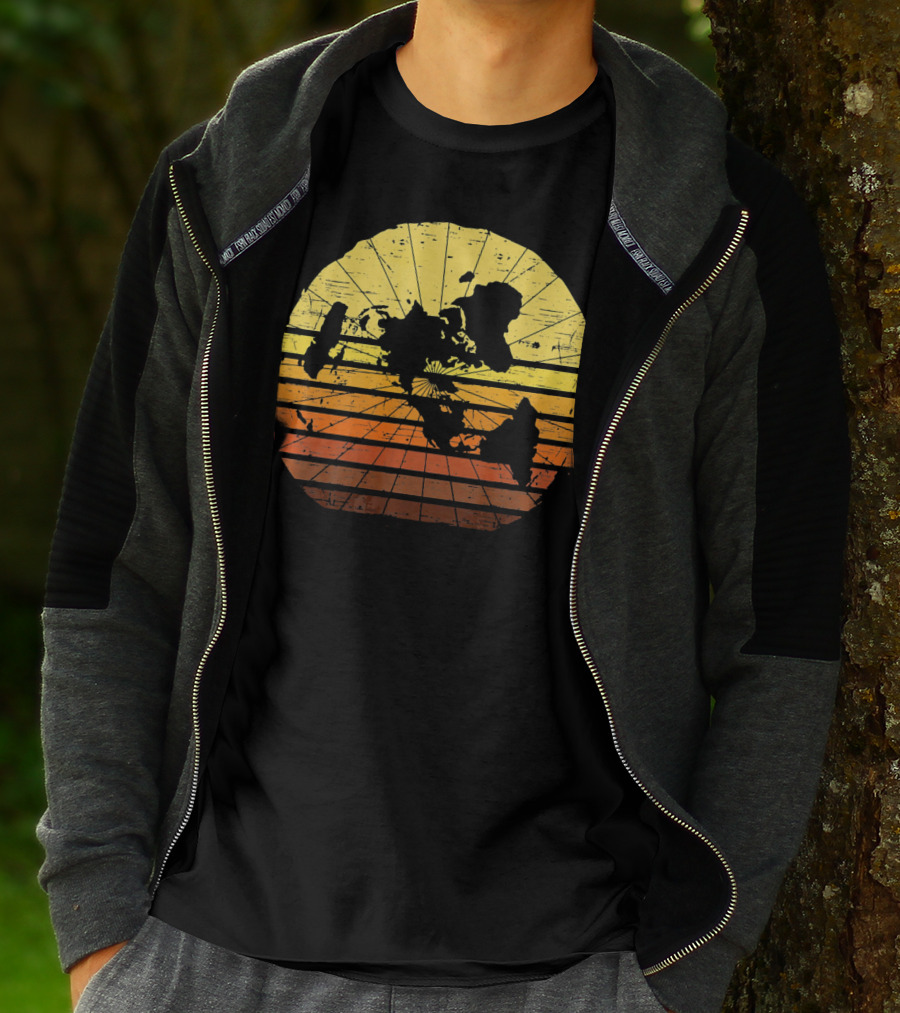 Flat Earth Map Vintage Retro Distressed Stripes T-Shirt