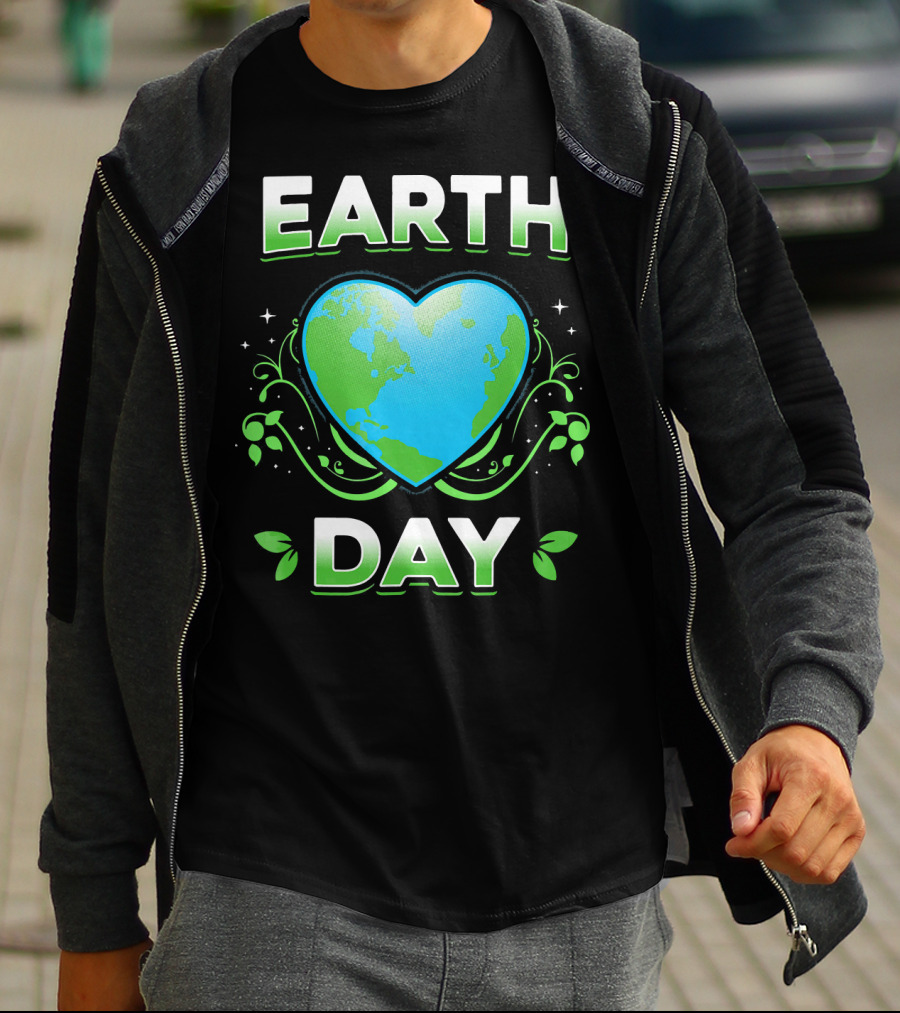 Earth Day Heart With Green Leaves And Swirls T-Shirt