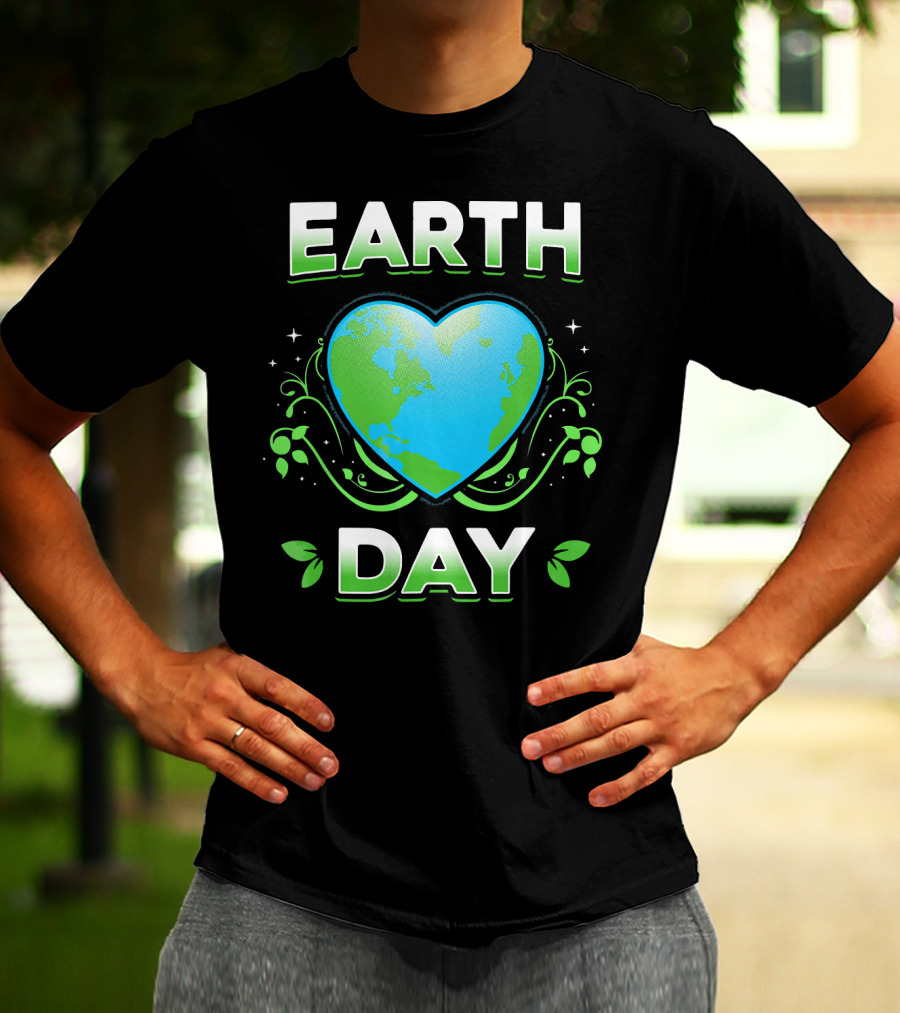 Earth Day Heart With Green Leaves And Swirls T-Shirt