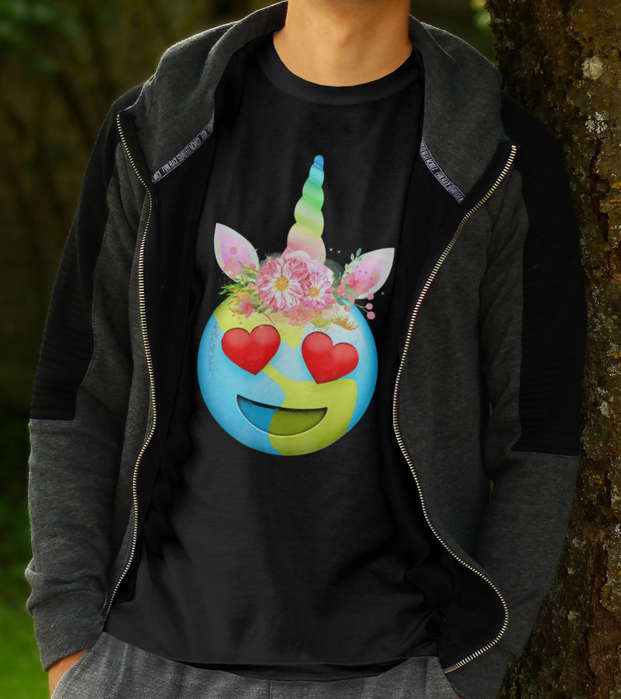Heart Eyes Unicorn Earth Day Emoji Floral Mane T-Shirt