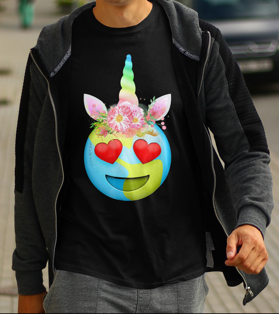 Heart Eyes Unicorn Earth Day Emoji Floral Mane T-Shirt