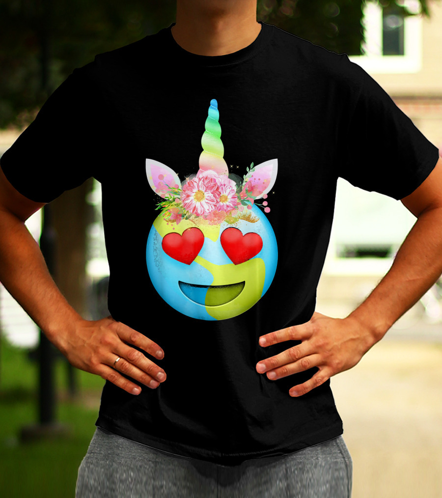 Heart Eyes Unicorn Earth Day Emoji Floral Mane T-Shirt