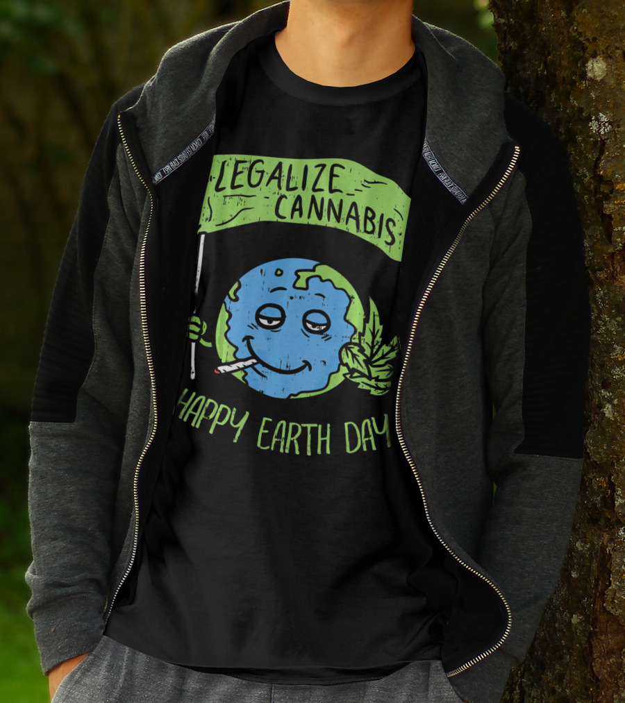 Legalize Cannabis Happy Earth Day Smoky Globe Holding Leaf T-Shirt