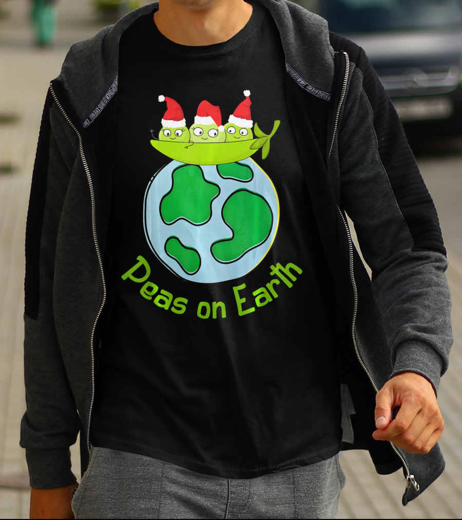 Christmas Peas On Earth With Santa Hat Vegetables On Globe T-Shirt