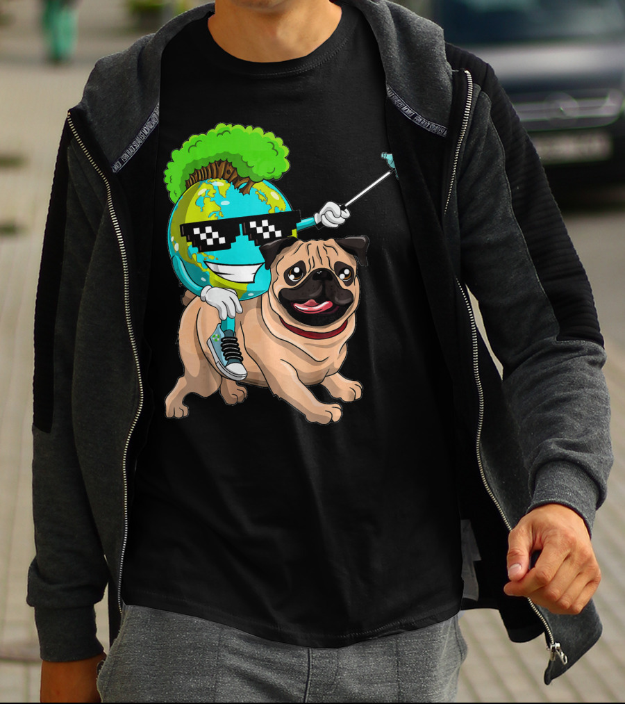 Earth Day Pug With Cool Recycling Globe And Sunglasses T-Shirt