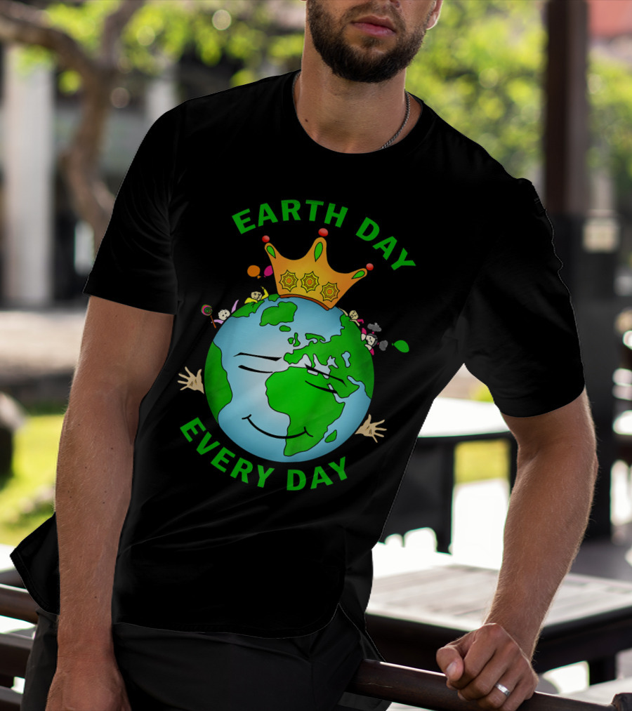 Earth Day Every Day Smiling Earth With Crown And Playful Elements T-Shirt
