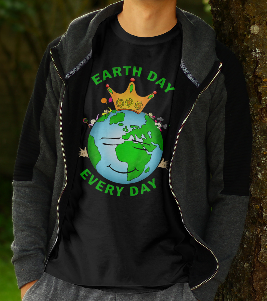 Earth Day Every Day Smiling Earth With Crown And Playful Elements T-Shirt