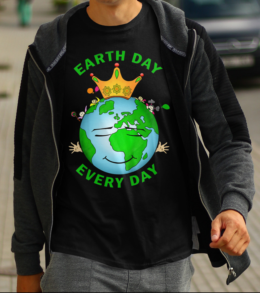 Earth Day Every Day Smiling Earth With Crown And Playful Elements T-Shirt
