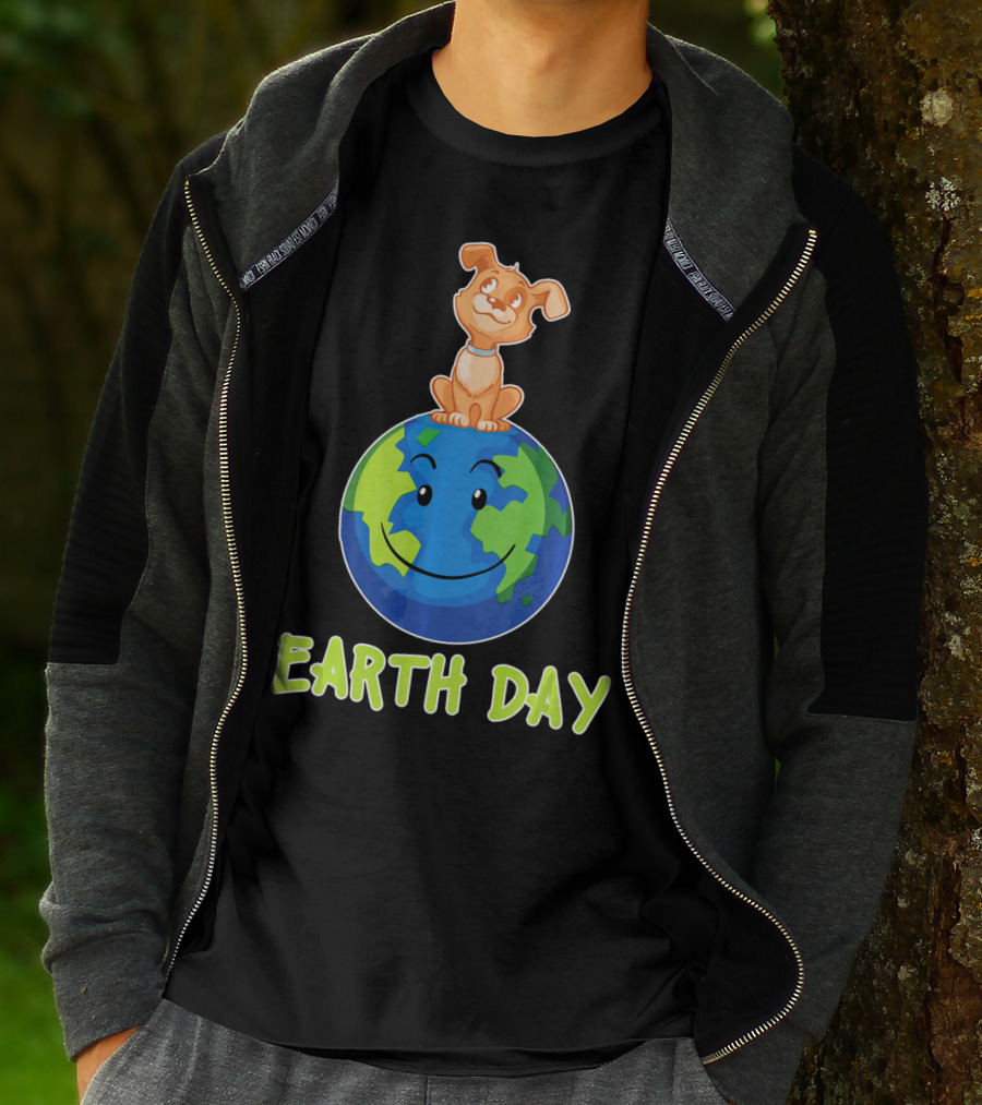 Earth Day Dog On Smiling Planet Earth T-Shirt