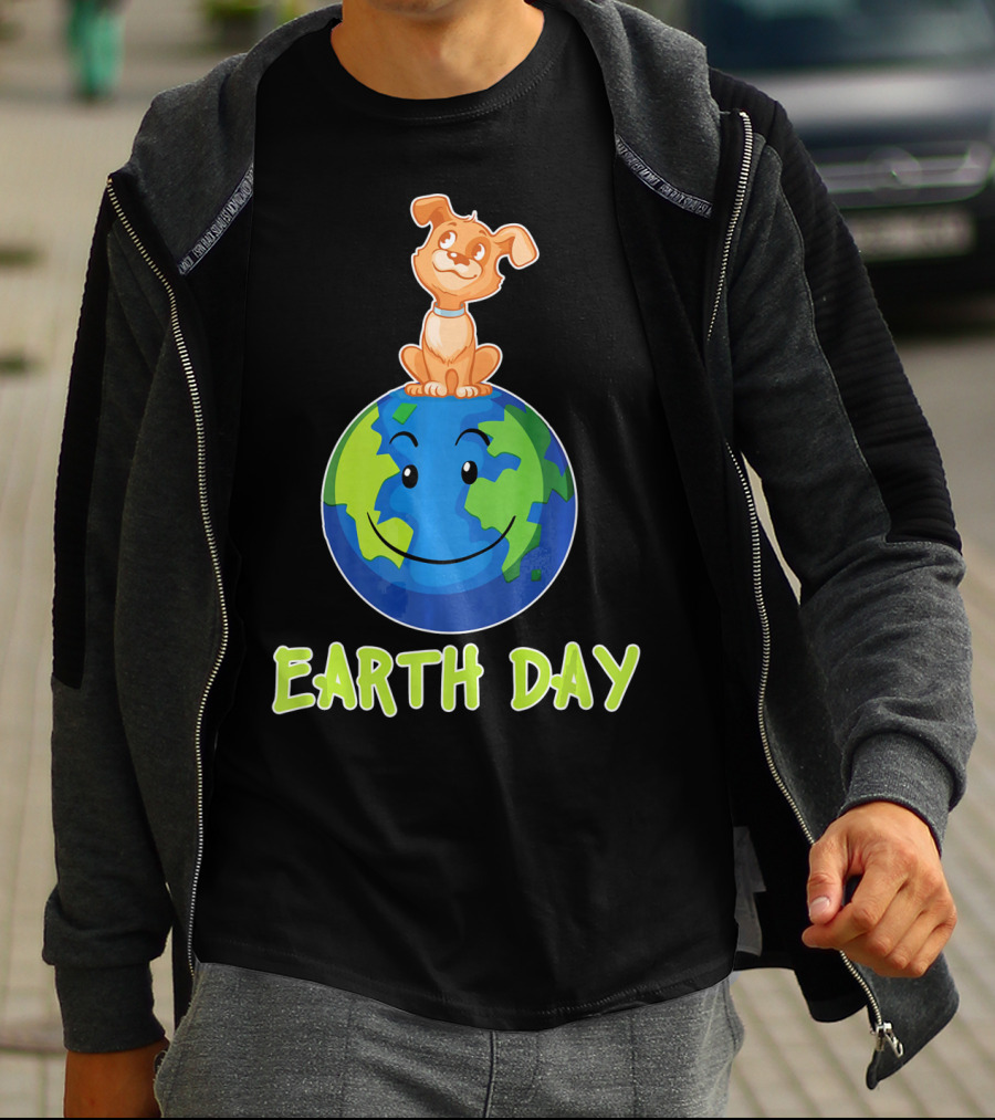 Earth Day Dog On Smiling Planet Earth T-Shirt