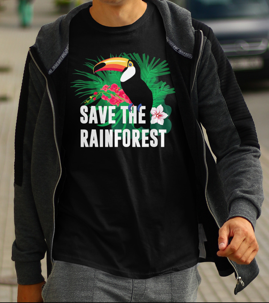 Save The Rainforest Earth Day Toucan And Tropical Flowers T-Shirt