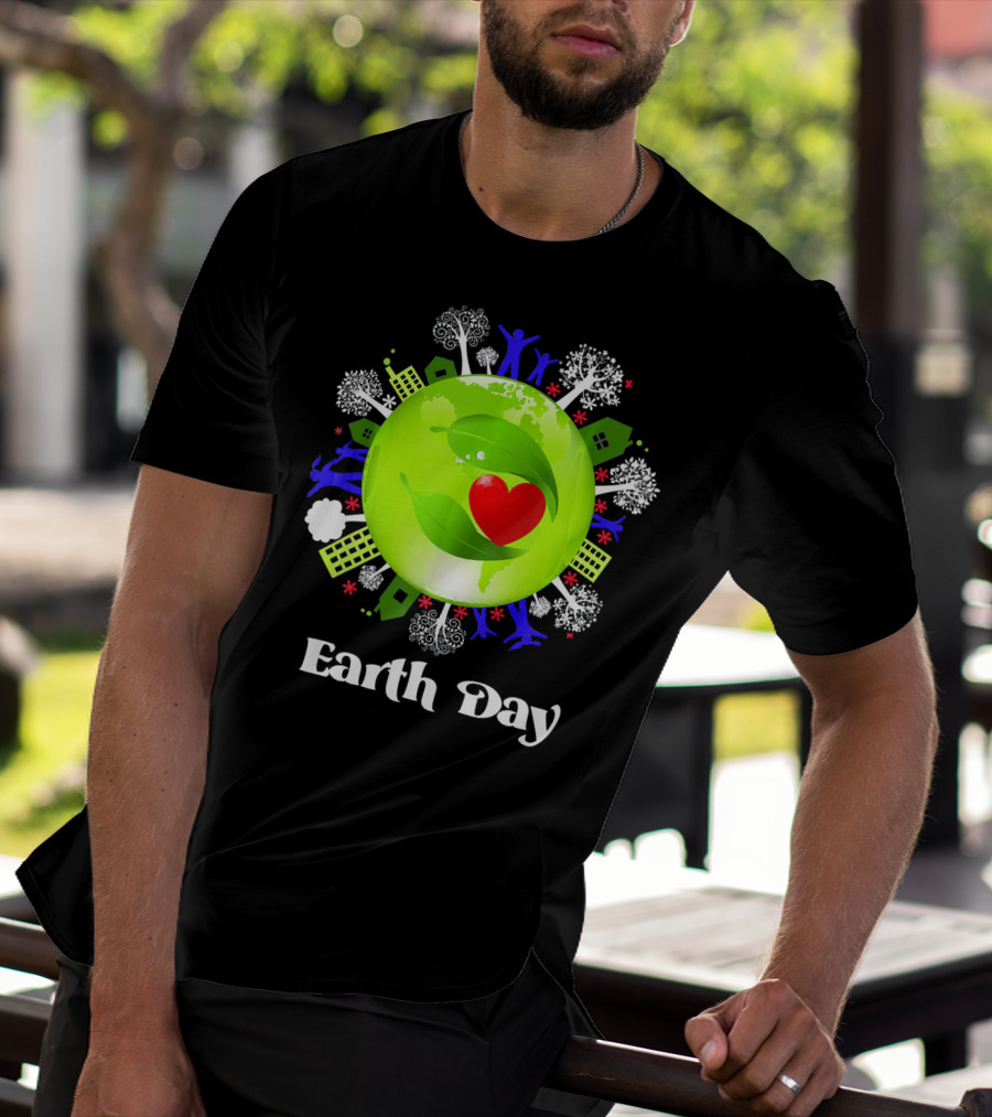 Earth Day Planet Earth Love With Leaf And Heart T-Shirt
