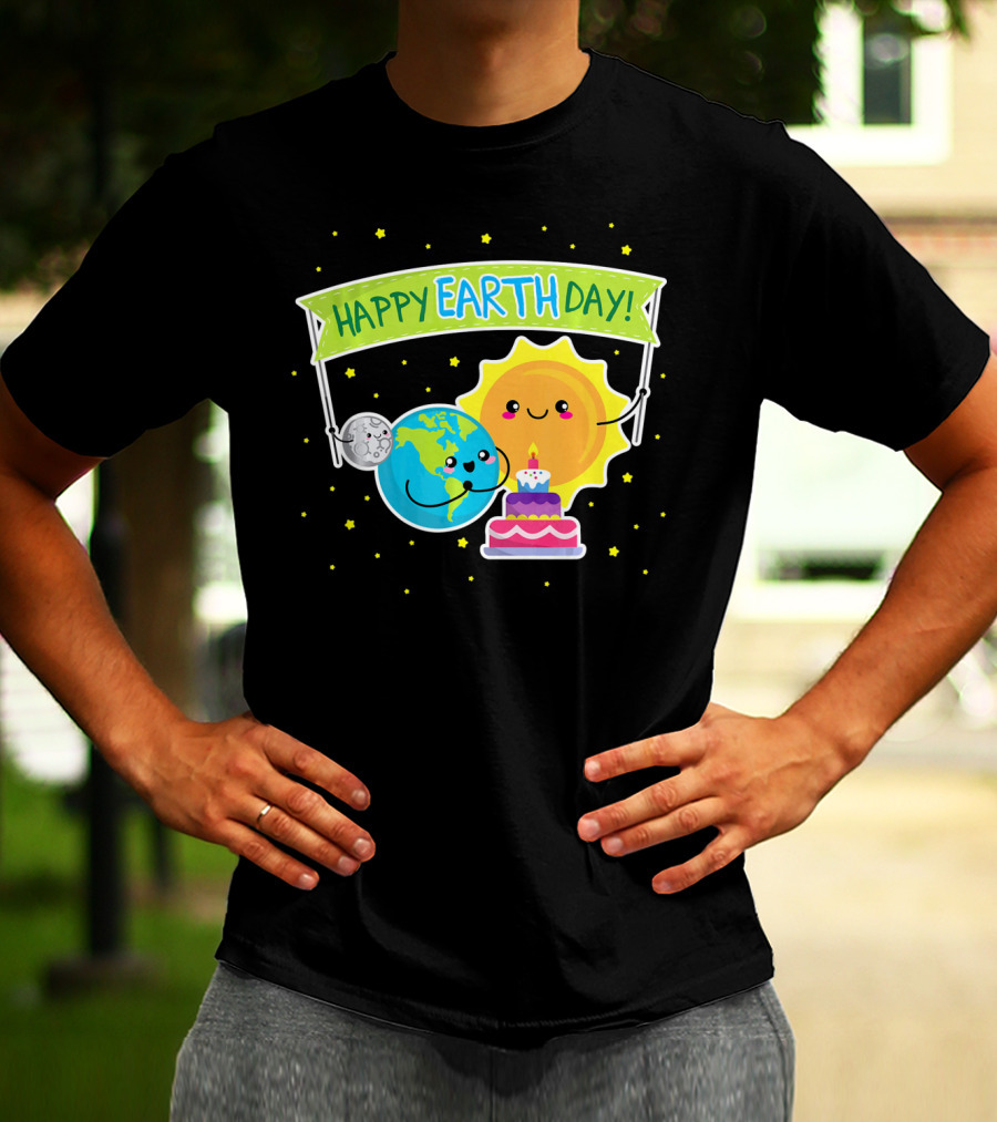 Happy Earth Day Cute Earth Sun Moon Cake T-Shirt