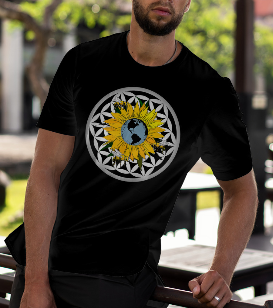 Sunflower Earth With Flower Of Life And Bees T-Shirt