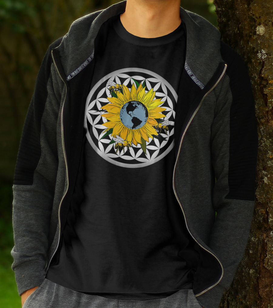 Sunflower Earth With Flower Of Life And Bees T-Shirt