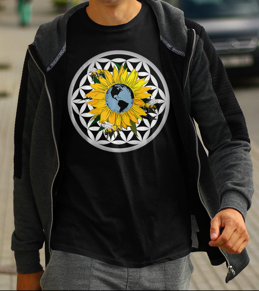 Sunflower Earth With Flower Of Life And Bees T-Shirt
