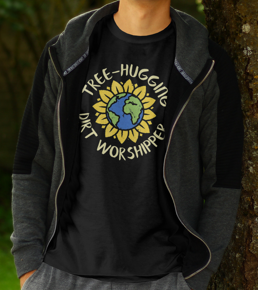 Tree Hugging Dirt Worshipper Earth Sunflower Globe T-Shirt