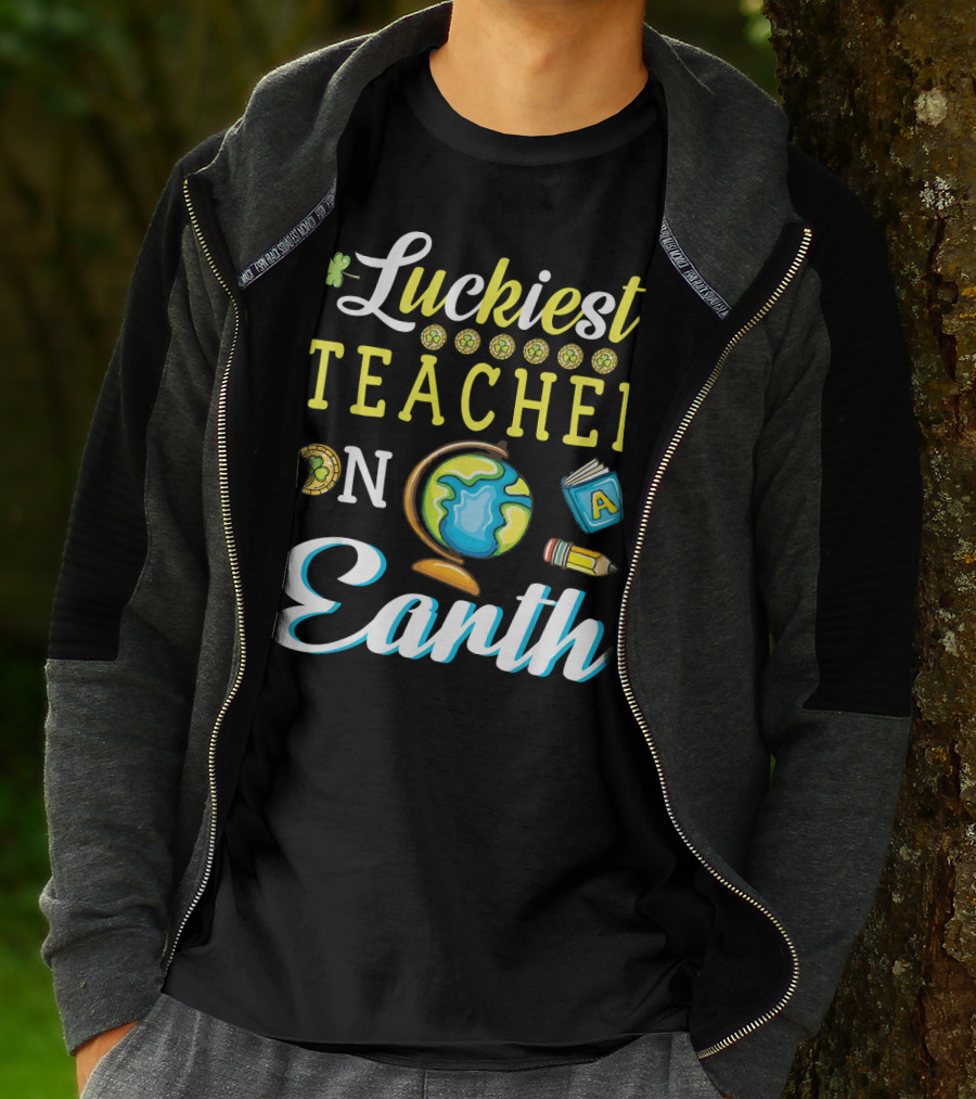 Luckiest Teacher On Earth With Globe And School Icons T-Shirt
