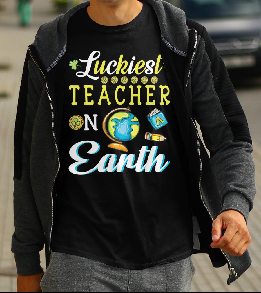 Luckiest Teacher On Earth With Globe And School Icons T-Shirt