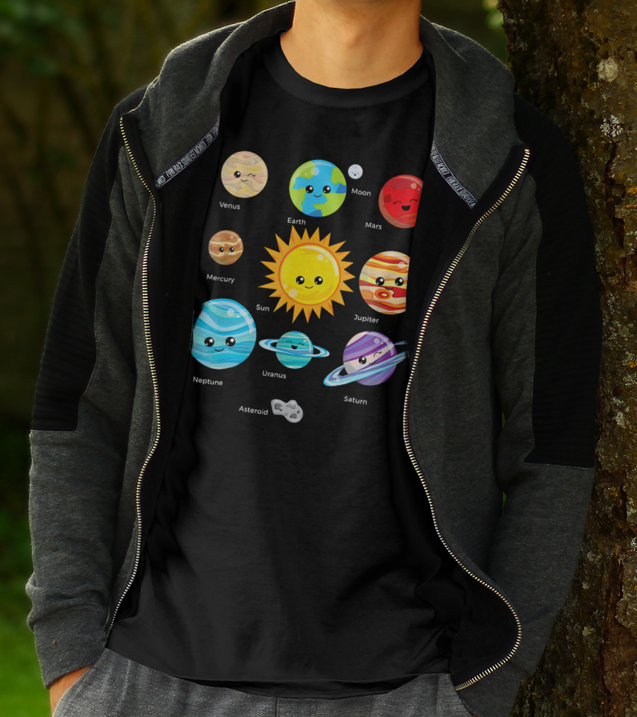 Solar System Planets Earth Moon Sun Venus Mars Mercury Jupiter Neptune Uranus Saturn Asteroid Cartoon T-Shirt