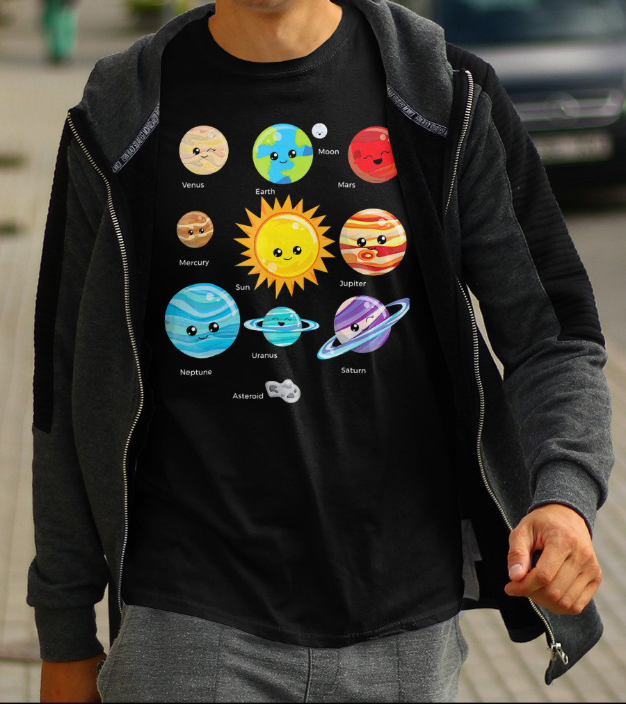 Solar System Planets Earth Moon Sun Venus Mars Mercury Jupiter Neptune Uranus Saturn Asteroid Cartoon T-Shirt