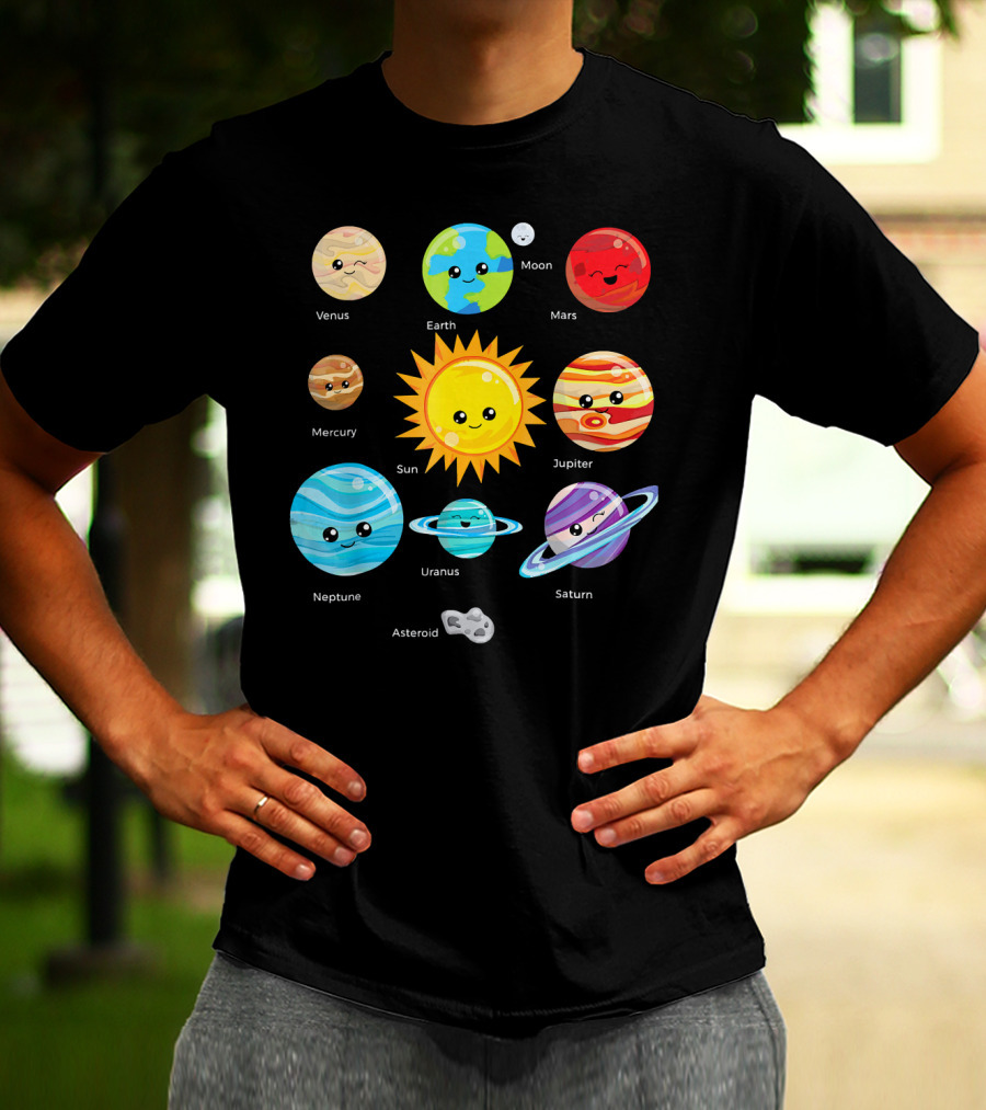 Solar System Planets Earth Moon Sun Venus Mars Mercury Jupiter Neptune Uranus Saturn Asteroid Cartoon T-Shirt