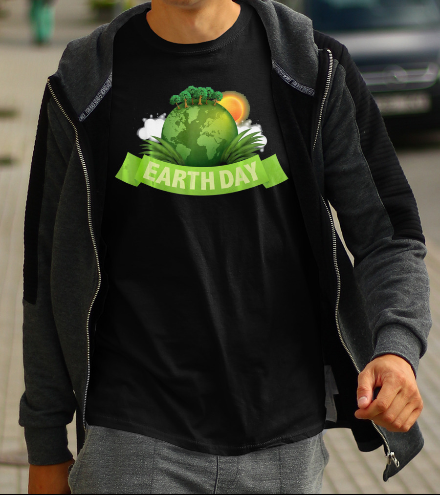 Happy Earth Day Globe With Green Banner And Sun T-Shirt