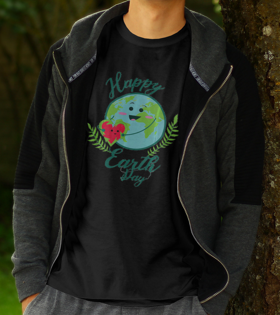 Happy Earth Day Smiling Planet With Heart And Leaves T-Shirt