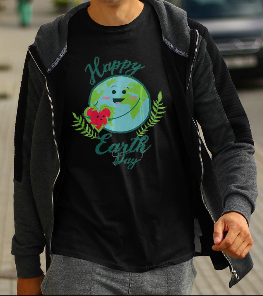 Happy Earth Day Smiling Planet With Heart And Leaves T-Shirt