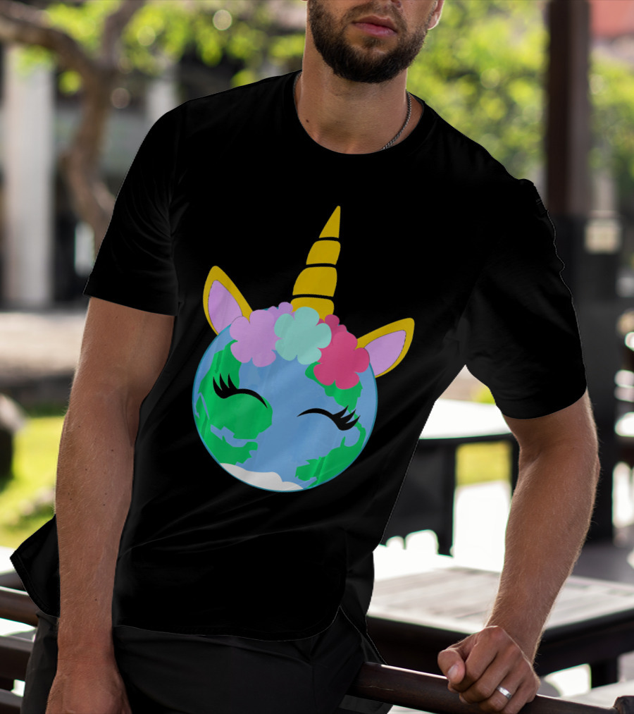 Unicorn Earth Cute Unicorn Face Earth With Flowers And Horn T-Shirt