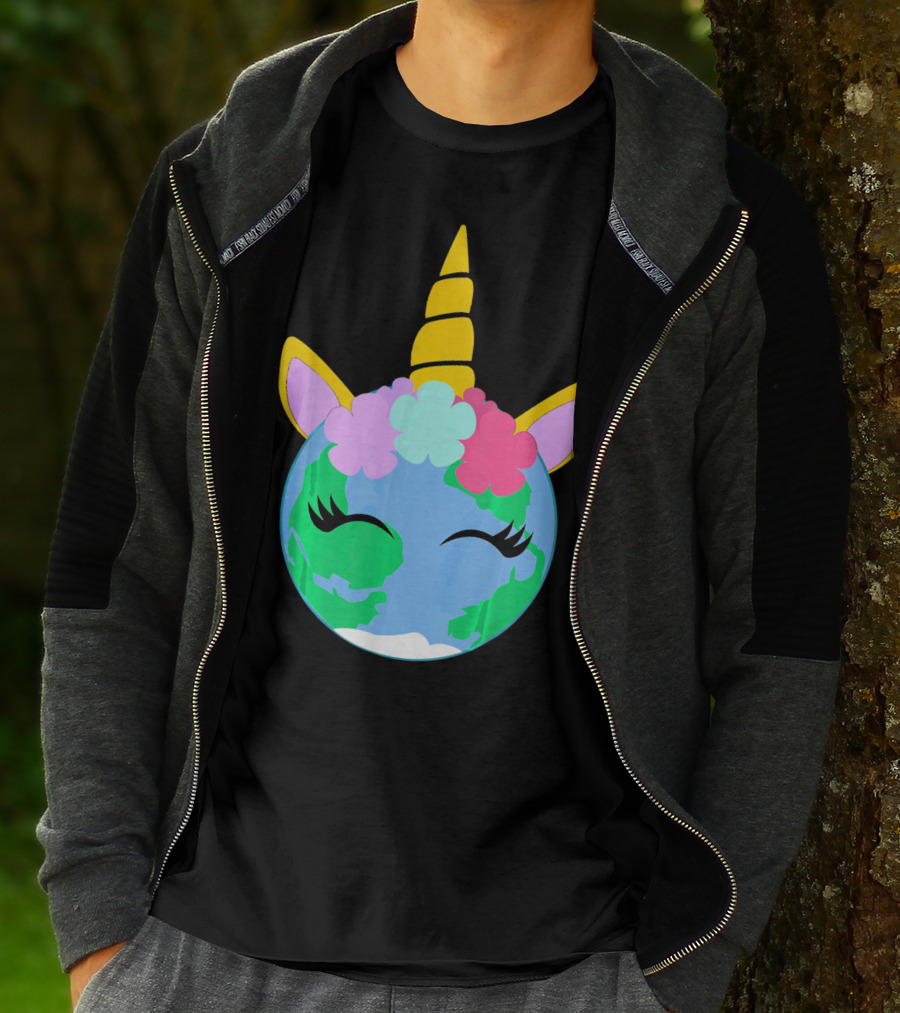 Unicorn Earth Cute Unicorn Face Earth With Flowers And Horn T-Shirt