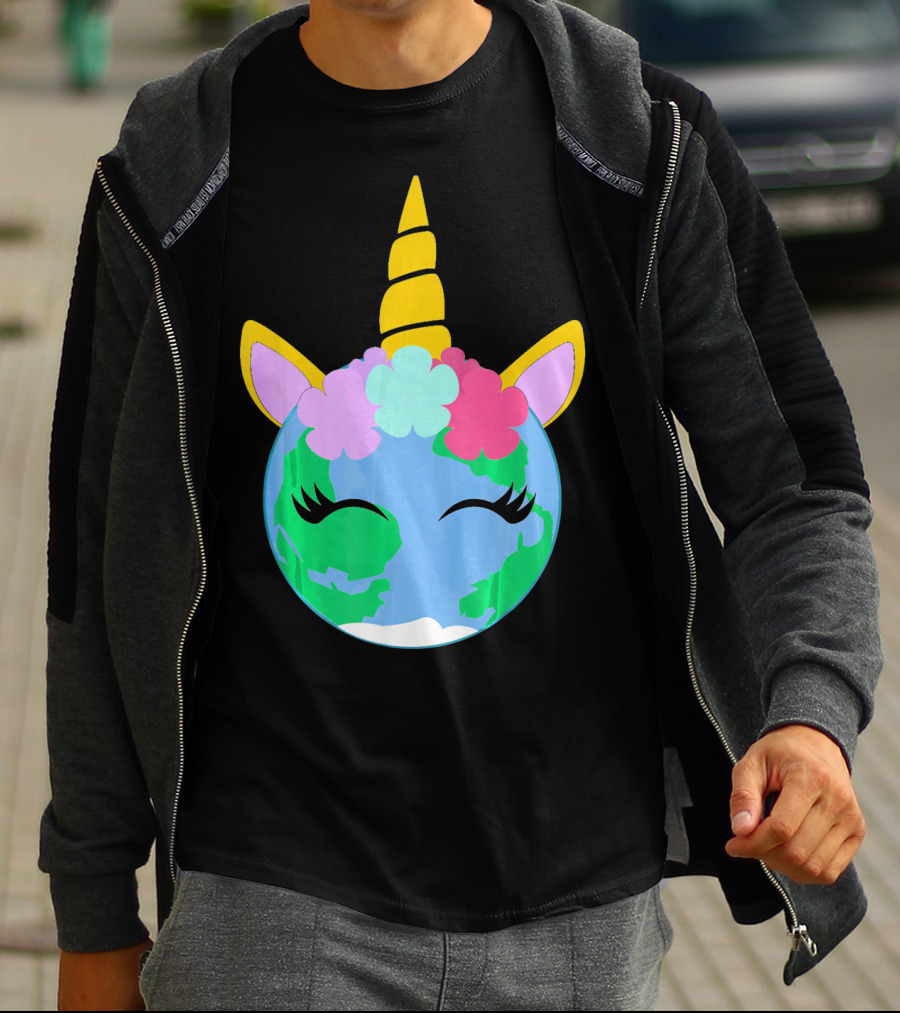 Unicorn Earth Cute Unicorn Face Earth With Flowers And Horn T-Shirt